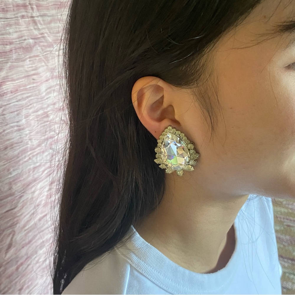 Vintage Large Crystal Tear Shaped Clip On Earrings